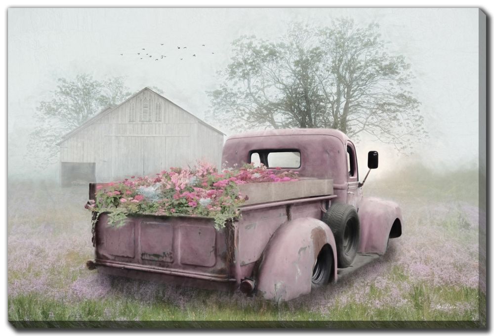 Watercolor Pink Antique Truck with Flowers in the Trunk · Creative Fabrica